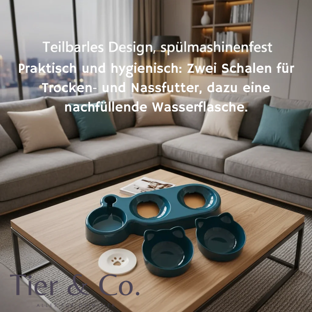 3 in 1 Futternapf mit eingebautem Wasserspender - immer frisches Wasser