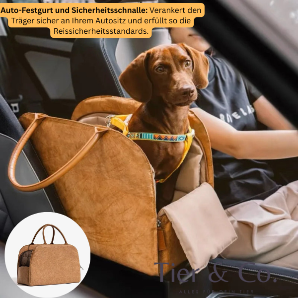 Premium Ledertasche für kleine- bis mittlere Hunde & Katzen - Flexibel unterwegs- auch als Autositz nutzbar